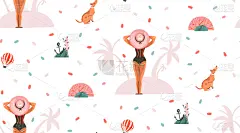 夏天,抽象,动物手,插画,卡通,狗,女人,自然美,绘制,休闲