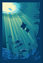 Retro Scuba Diving poster art, illustration, 11X17 : The perfect addition to any diving enthusiast who has a need for water art.  My illustrations lend themselves to being seen LARGE and the color and richness of these large format prints is absolutely st