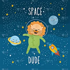 可爱的,狮子,火箭,儿童,行星,宇航员,绘画插图,文字,太空,性格
