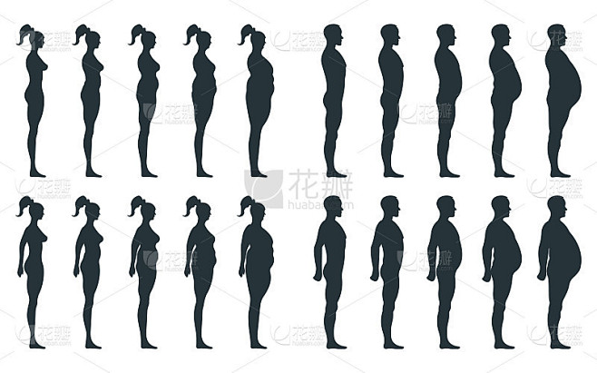 黑色视图侧体剪影，肥胖超重女性，男性解剖人的性格，人假孤立在白色，平面矢量插图。不健康的生活方式。