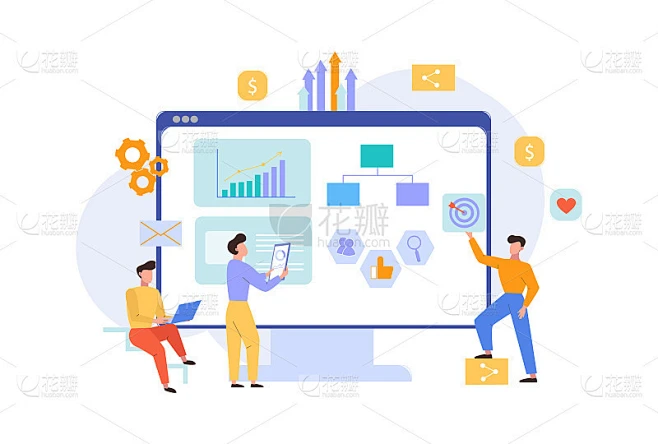 战略网站seo分析说明。分析营销人员研究网站流量信息收集图表信息数字优化图表创新网络策略。平面向量。