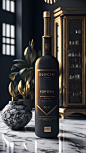 00037-400-Scene photography, a bottle of foreign wine on a marble tabletop, with a wine cabinet in the background and a depth of field eff