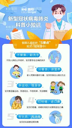 假期5要点疫情防护防疫知识点海报  - 源文件下载【酷图网】海报,疫情,防护,防疫,知识点,宣传,假期,科普,儿童,