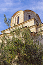 巴尔干半岛。橄榄树的树枝对着古老的教堂