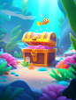 3D Video Game Style, There is an open treasure chest, there are various plants on the bottom of the sea, a dreamy romantic atmosphere, children's illustration, cartoon animation, vivid color, wallpaper, 3d rendering, ultra detailed, best quality, UHD