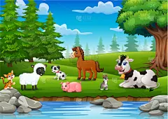 自然,牲畜,河岸,公亩,可爱的,野生动物,云,狗,植物群,享乐