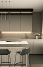 a kitchen with two stools next to an island