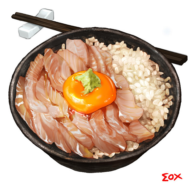 #食べ物 ヒラメ漬け丼 - 摸摸的插画