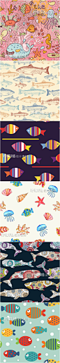 卡通可爱插画 海洋世界公园主题鱼海星海龟鲸鱼螃蟹背景设计素材-淘宝网