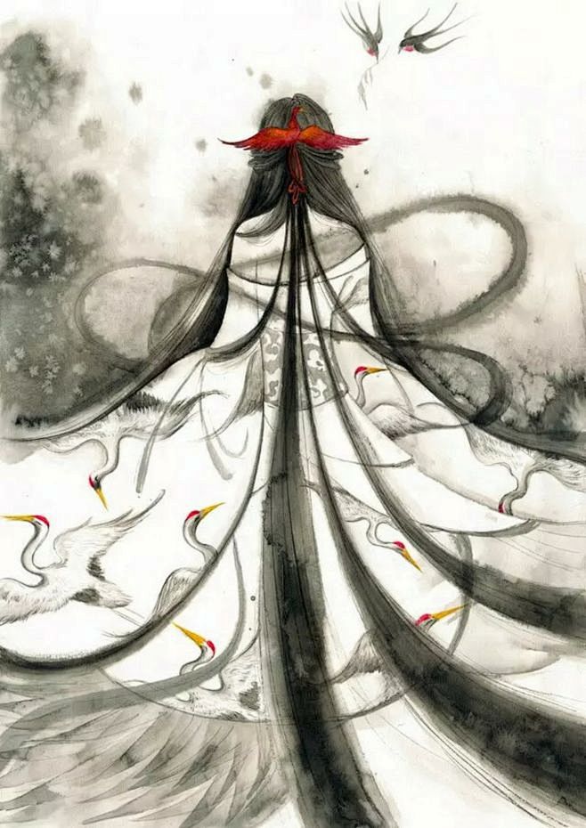 涂鸦版画油画色彩水彩手绘绘画素描动漫可爱素色cg古风萝莉长发黑白