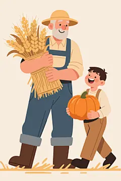 农民伯伯和小男孩丰收插画
