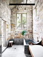 fantastic whitewashed oversized antique brick bathroom with skylight and primitive stone bath(438×576) #卫浴#