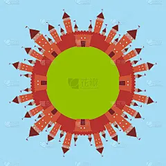卡片横幅设计圆形框架花环为文字与城堡公主，童话蓝绿色的背景。向量