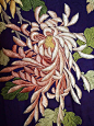 Antique Japanese Purple Silk Padded Satin Stitch Embroidery Chrysanthemum Kimono Close up.: 