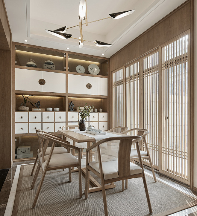 新中式客厅餐厅实木原木色餐桌椅 别墅大厅...