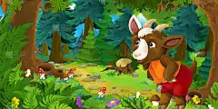 卡通童话场景与山羊农民在森林的草地上 - 儿童插图