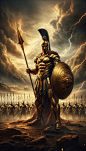 a painting of a roman soldier holding a spear and shield in front of a storm filled sky