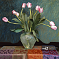 Pink and White Tulips in Green Vase, oil painting_创意图片