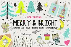 圣诞节贺卡贴纸装饰矢量插画元素合集包 Merry &amp; Bright Xmas - holiday set :  