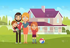 幸福的家庭背景的房子。买房和搬到新公寓，父母父母儿子和女儿孩子的户外前家建筑夏季景观平面矢量插画