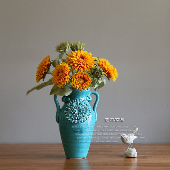 地中海风格陶瓷花瓶美式乡村蓝色贴花客厅茶...