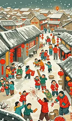 春节雪景街景庆春插画图形