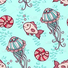 水母,鱼类,四方连续纹样,自然,华丽的,粉色,海洋生命,图像,海洋,重复