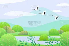 地形,春天,极简构图,丹顶鹤,明亮,绿色,幻想,无忧无虑,简单,飞