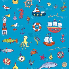 海洋生物无缝图案有趣的涂鸦纺织品或壁纸-矢量插图