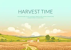 Harvest time poster flat vector template. Agricultural area with ripe crops. Countryside scenery at sunset. Brochure, booklet one page concept design with illustration.