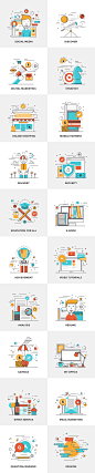 Set of Flat Design Concepts Illustration : Set of Flat Color Line Design Concepts for creating amazing websites on various topics of Marketing Research, Strategy, Analysis, Financial Insurance, Prototyping, Apps Development, Responsive Design, Web Optimiz