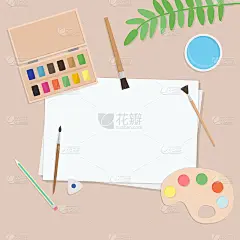 矢量插图与纸，笔刷和调色板。平面卡通风格，俯视图。