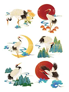 仙鹤  - 源文件下载【酷图网】仙鹤,红日,山水,祥云,丹顶鹤,中国风