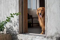 点击来源直接获取大图文件 |金毛犬正在看门