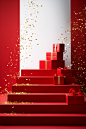 Red box with gold confetti and confetti coming down steps, in the style of indoor still life, simplified compositions, wrapped, piles/stacks, crisp and clean, commercial imagery, spiral group