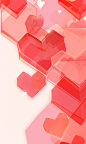 colorful holographic hearts on a white background, in the style of light red and dark amber, three-dimensional puzzles, translucent layers, light red and light pink, depth of field, fragmented advertising, monochromatic geometry