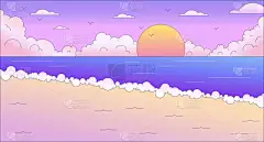 西海角夕阳西下，冰凉的壁纸。太阳升起的海浪。海洋海岸。阳光与沙子二维矢量卡通画风景画,蒸汽波背景.8
