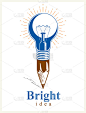 Pencil with idea light bulb combined into symbol, 