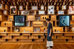 A photo of the interior of the Google Store with a man looking at the Google hardware that's displayed, and he is holding a shopping bag with a Google &quot;G&quot; on it.