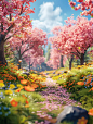 可爱粉色春天主题3D自然鲜花植物景观场景插图海报midjourney关键词咒语