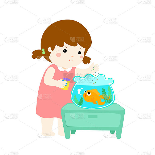 可爱的小女孩喂鱼的插图在水族馆卡通。