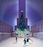 2014年，蒂芙尼 (Tiffany & Co.) 梦幻节日橱窗：情侣们在洛克菲勒中心溜冰场上翩然起舞，这是纽约的经典圣诞欢庆活动，圣诞树与Atlas系列手镯相映成趣。