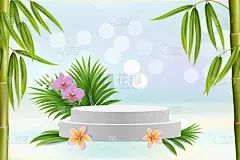 展示平台，奇异的花，竹子，棕榈叶，矢量插图。花卉背景产品广告
