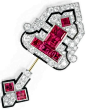 Art Deco diamond, ruby, and enamel jabot pin by Cartier. Designed as a circular-cut diamond shield-shaped plaque with a central baguette and square-cut ruby geometric pattern and black enamel detail, to the white gold pin and smaller terminal of similar d