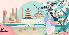 杭州二十四节气立春春分清明城市建筑横版矢量插画