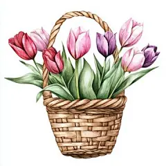 点击来源直接获取大图文件 |水彩绘制的装有郁金香的小篮子艺术插画