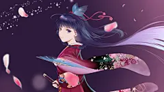 二次元日本动漫女郎 花瓣 武士刀 唯美动漫壁纸