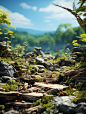 Empty background product photography, forest style, blue sky, sunlight, soft and ethereal, detailed, miniature, wood, HD, 8K, plants and trees on rocks, montage