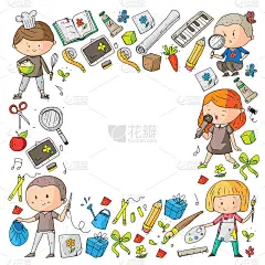的孩子。学校和幼儿园。创造力和教育。音乐。探索。科学。的想象力。玩和学习。烹饪。唱歌。阅读。不同的爱