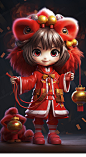 800新年春节喜庆可爱卡通3D古风舞狮女孩儿童娃娃JPG图片设计素材-淘宝网